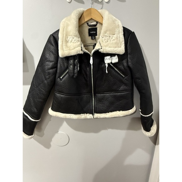 Boohoo Women's Teddy Trim Faux Leather Aviator Jacket - Black - US Size 8 NWT - Picture 1 of 6
